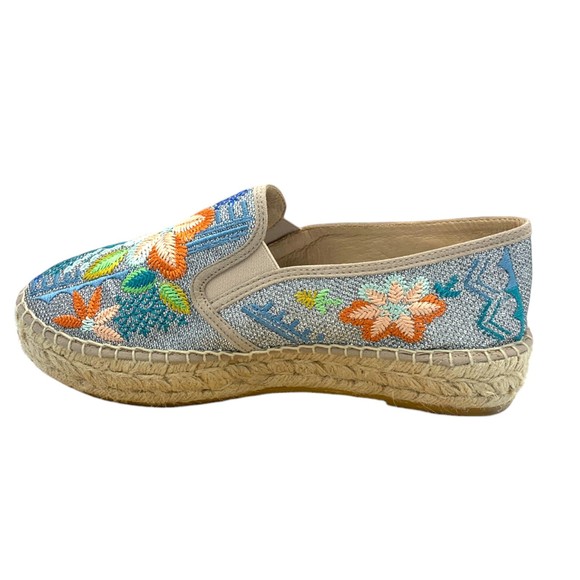Johnny Was Silver Metallic Floral Embroidered Elysia Espadrilles Size 41 - Picture 9 of 10